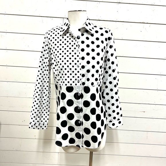 Lily moss black white top polka dot button down small cotton - Picture 1 of 6